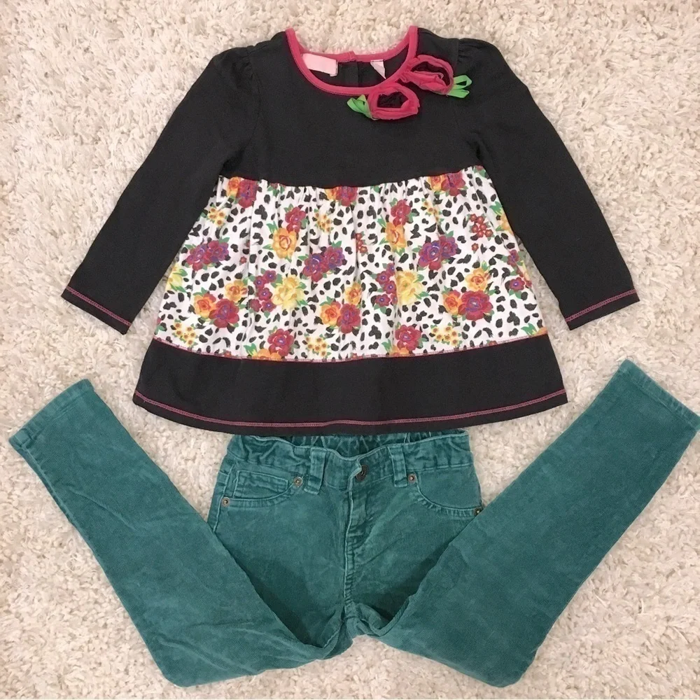 Bundle 2 Pcs Set Little Girls Floral Long sleeve  top and Green Velvet Pant